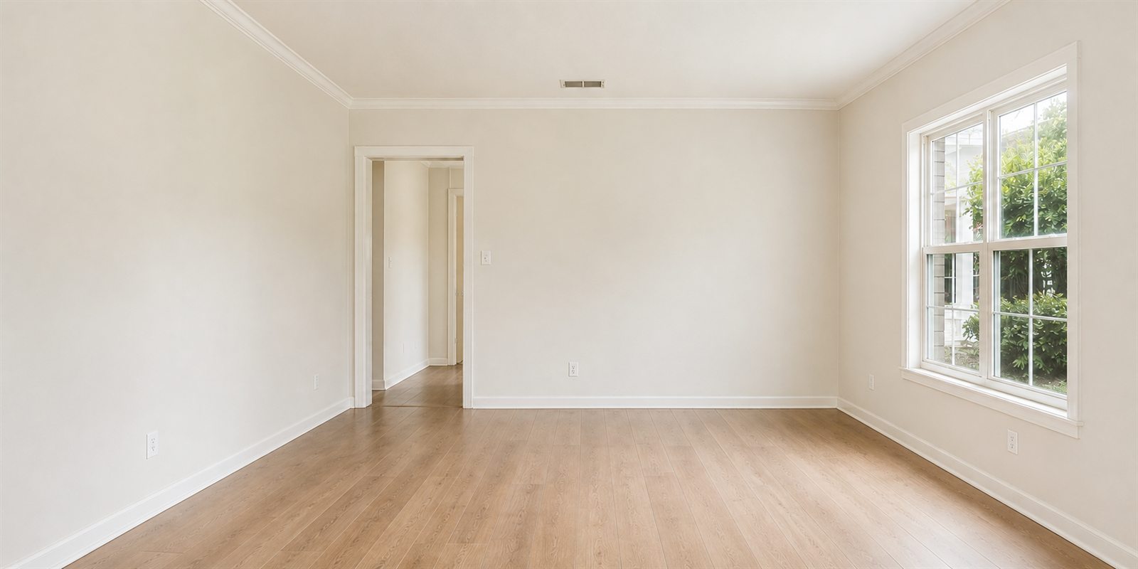 Living room after a full repaint by Beta Painting — clean white walls and trim