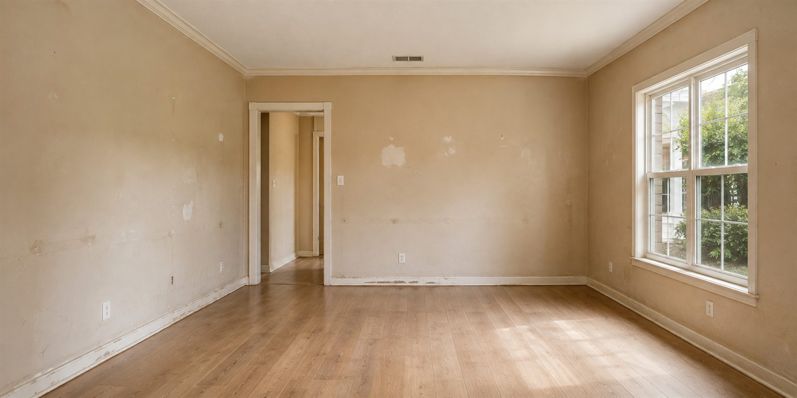 The same living room before painting — dull, stained walls and worn baseboards