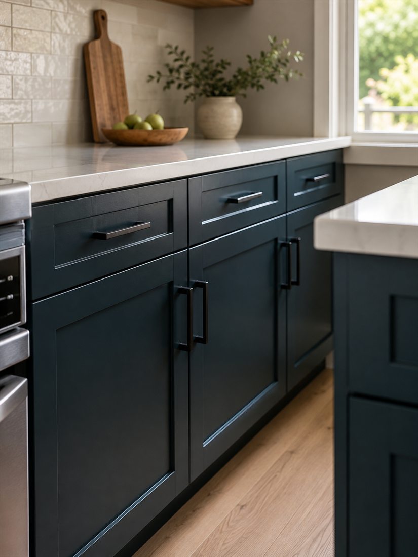 Kitchen cabinets refinished in a deep navy satin finish