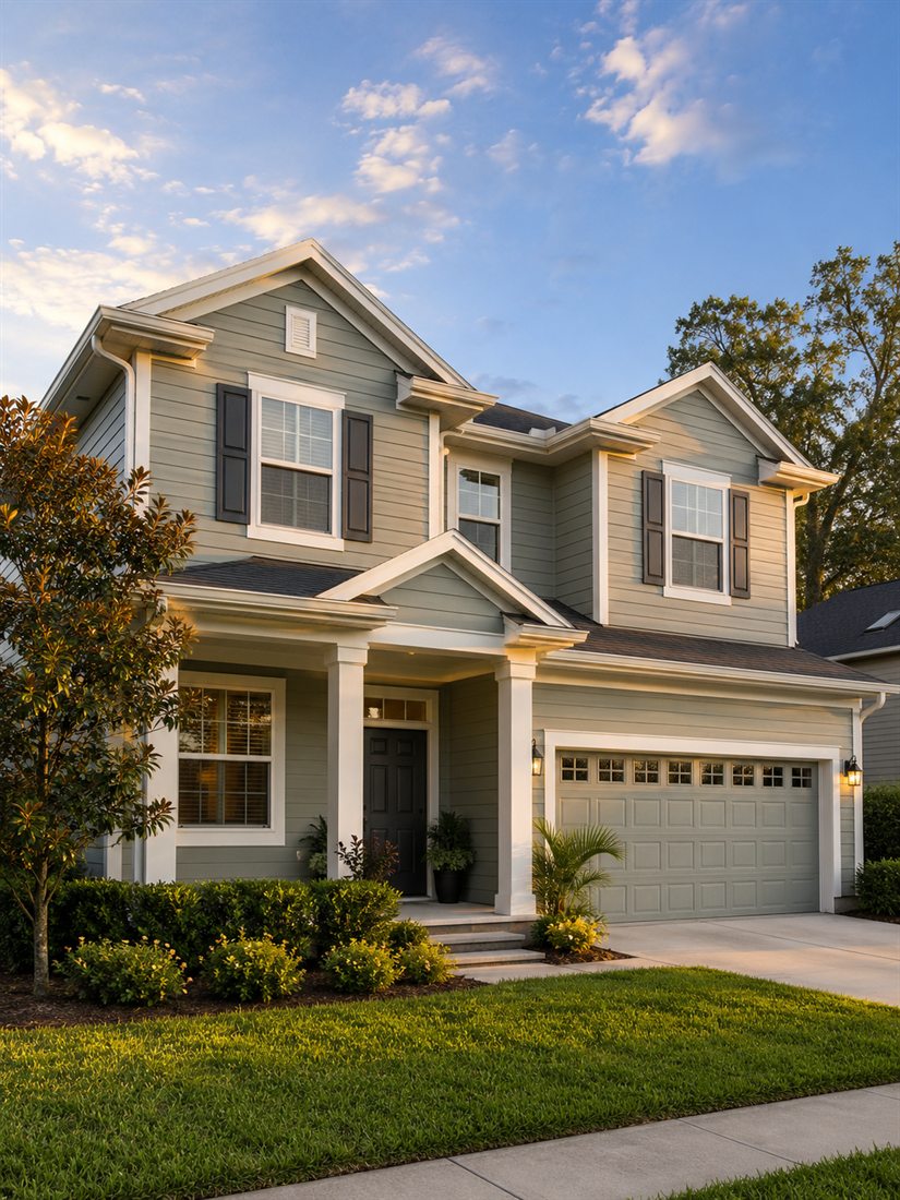 Two-story home exterior repainted in sage green with white trim