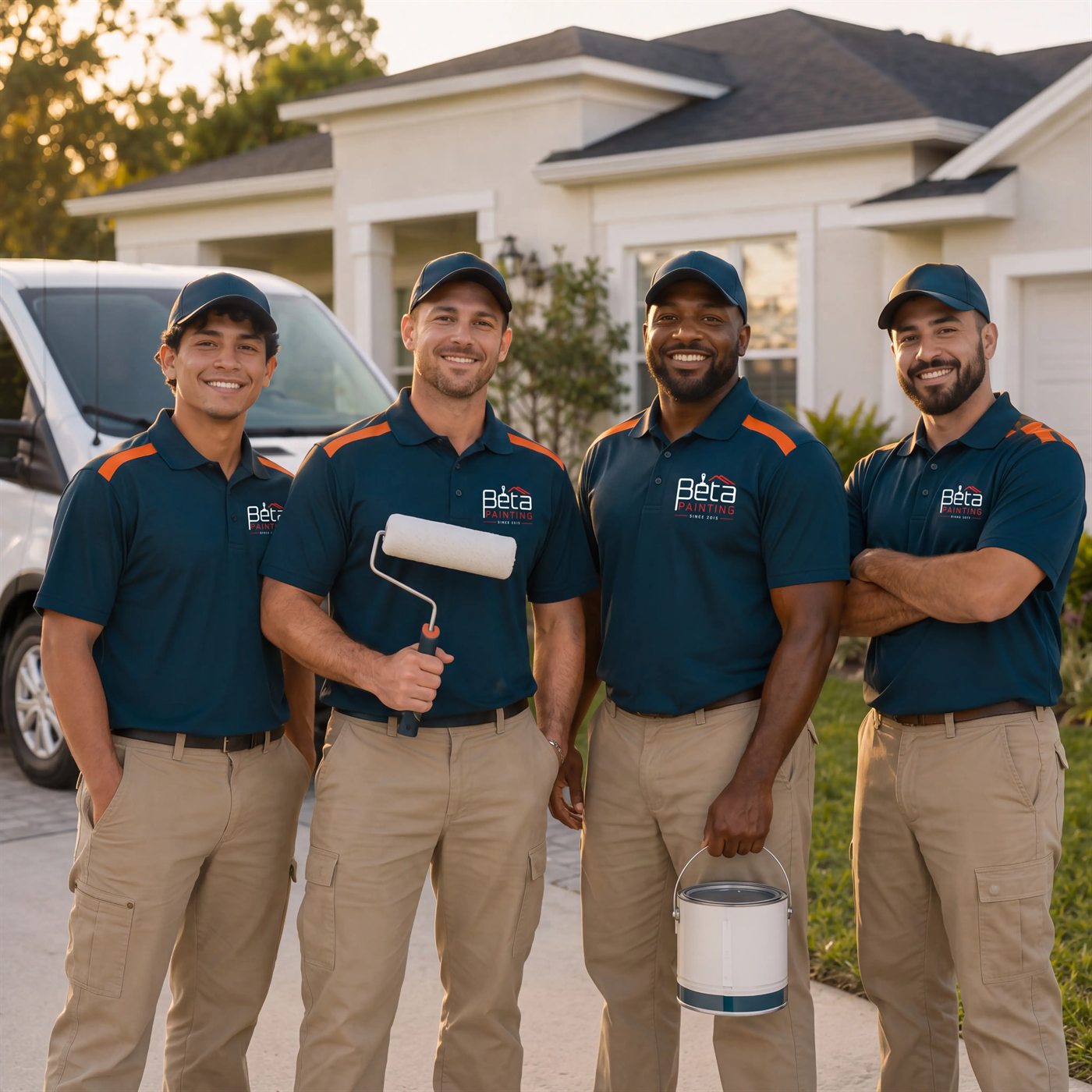 The Beta Painting crew in company uniforms in front of a finished home